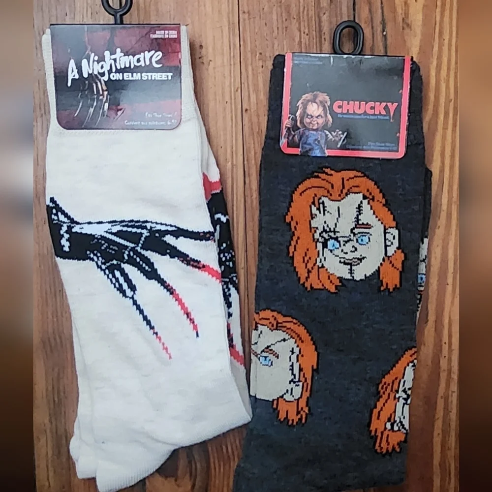 2 Pair Of Scary Movie Socks. A Nightmare On Elm Street And Chucky/ Childs Play